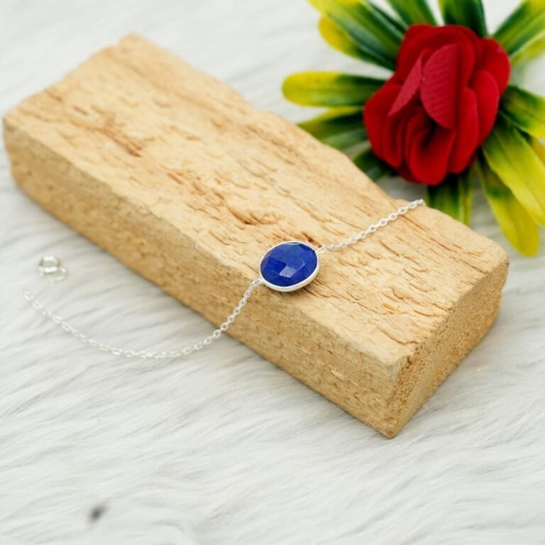 Natural Lapis Lazuli 925 Sterling Silver Bracelet Faceted Gemstone Adjustable Blue Bracelet Handmade Bracelet , Anniversary Gift For Her BR0144-GS