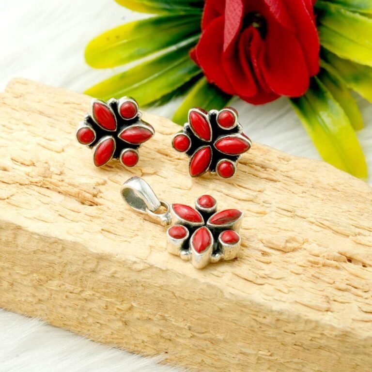 Coral Earring Coral Pendant Sterling 925 Silver Wedding Jewelry Set Gift For Her Gemstone Jewelry Set Red Pendant Red Earring NS0035-GS