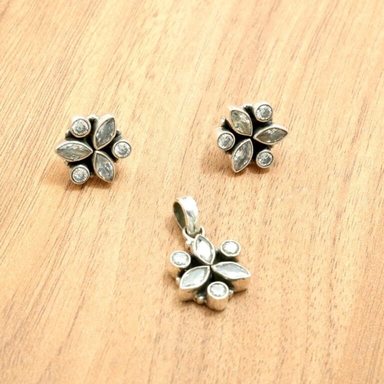 Natural Cubic Zirconia Gemstone Floral Earring Stud & Pendant Set 925 Sterling Silver Gemstone Earring And Silver Jewelry, Anniversary Gift NS0033-GS