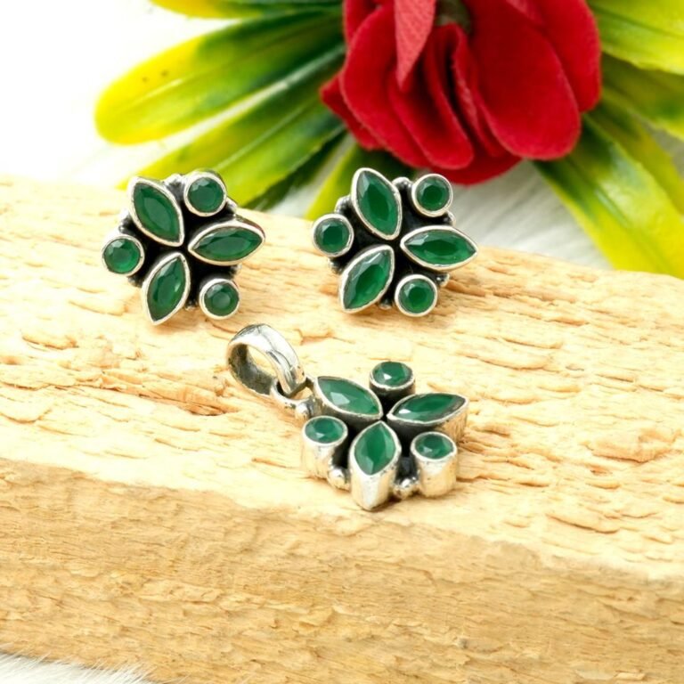 Natural Green Onyx Jewelry Set in 925 Sterling Silver Onyx Gemstone Pendant & Earring Silver Jewelry Set , Anniversary Gift NS0031-GS