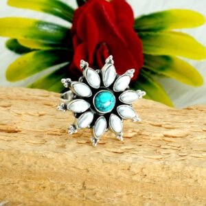 Natural Turquoise & Freshwater Pearl Ring 925 Sterling Silver Multi Color Ring Floral Jewelry Ring Adjustable Ring Gift For Her R0148-GS