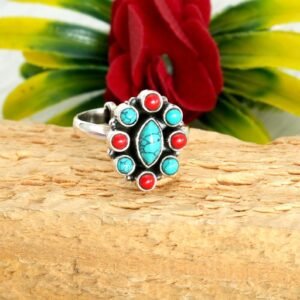 Natural Coral & Turquoise Ring in 925 Sterling Silver | 925 Sterling Silver Ring | Turquoise Silver Ring | Coral Silver Ring | Flower Ring R0141-GS