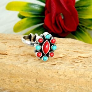 Natural Coral & Turquoise Ring in 925 Sterling Silver | 925 Sterling Silver Ring | Turquoise Silver Ring | Coral Silver Ring | Flower Ring R0140-GS