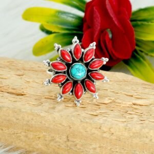 Natural Coral & Turquoise Ring in 925 Sterling Silver | 925 Sterling Silver Ring | Turquoise Silver Ring | Coral Silver Ring | Flower Ring R0139-GS