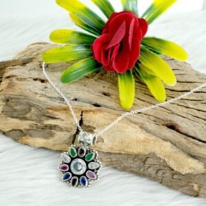 Multi Gemstone Necklace 925 Sterling Silver Jewelry Natural Emerald, Ruby & Sapphire Gemstone Pendant Necklace Gift For Her NL0213-GS