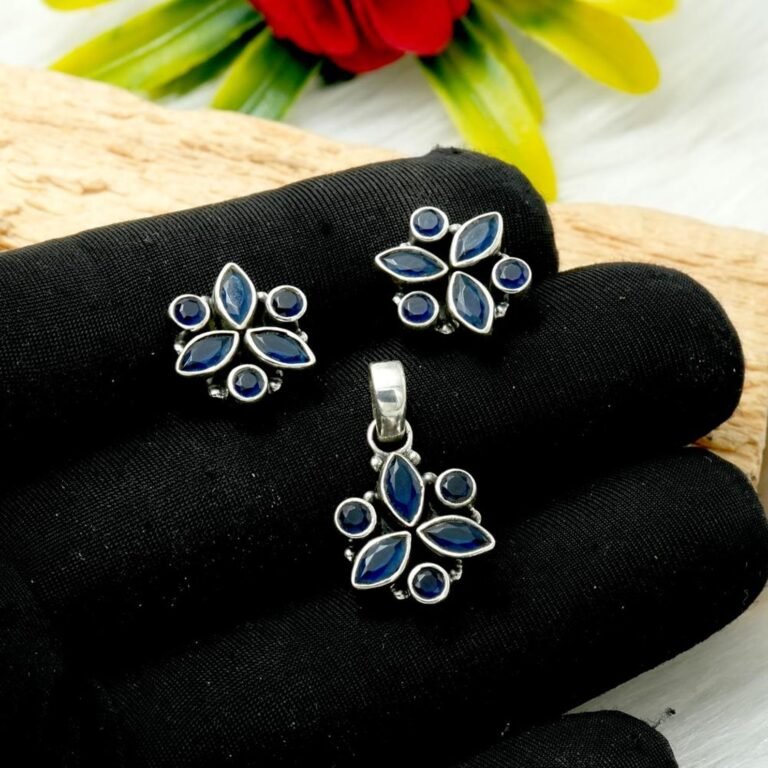 Natural Genuine Blue Sapphire Earring & Pendant Set in 925 Sterling Silver Natural Gemstone Pendant Earring Silver Set , Anniversary Gift NS0036-GS