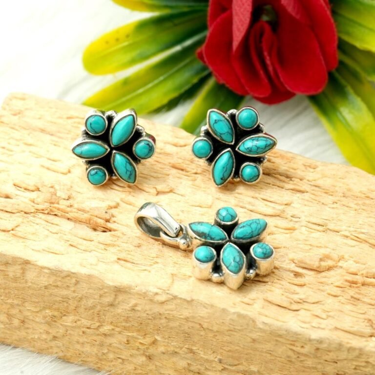 Natural Turquoise Gemstone Floral Earring & Pendant Set in 925 Sterling Silver Gemstone Earring And Pendant With Silver Jewelry NS0034-GS