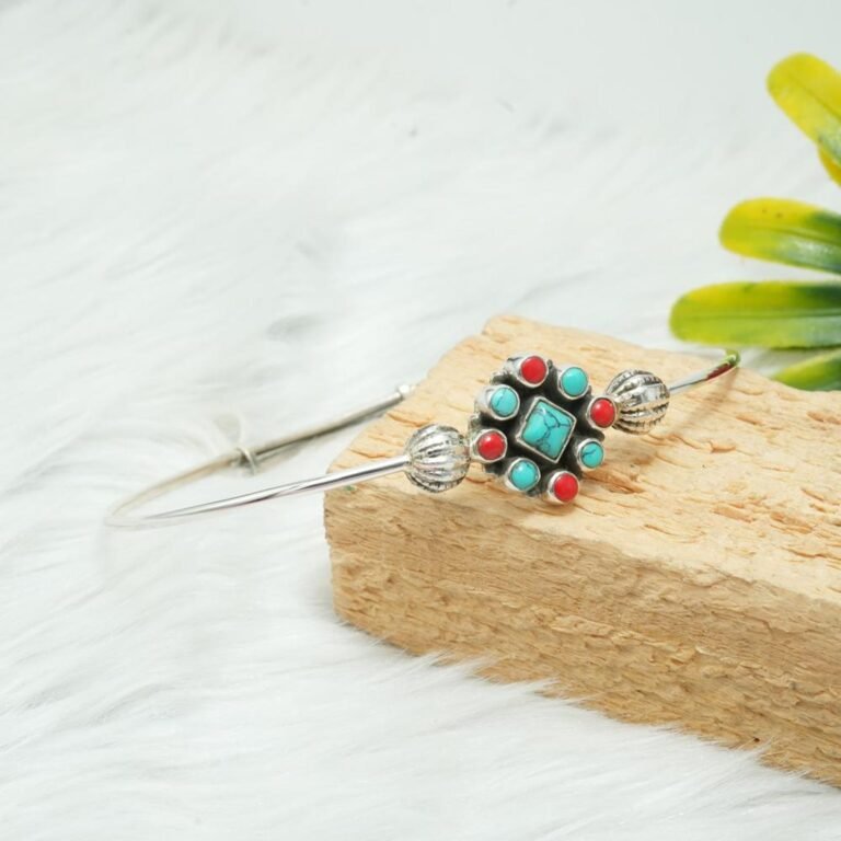Natural Turquoise and coral Bangle, Silver jewelry,925 Sterling Silver Bangle, Gift, Handmade Bangle, Gemstone Bangle Adjustable Bangle B0023-GS