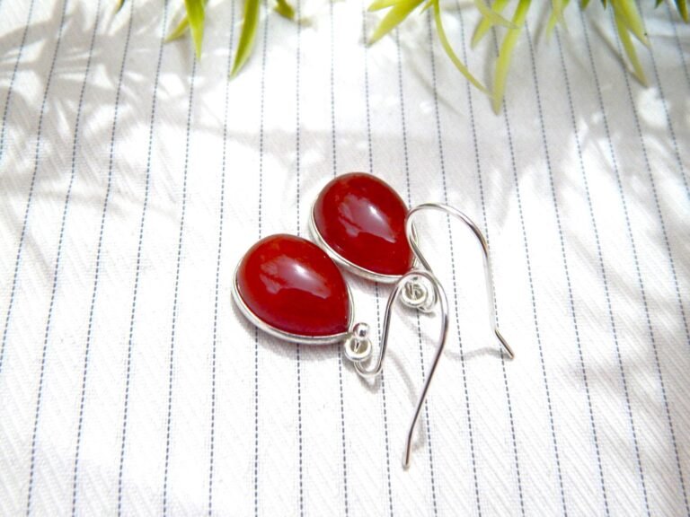 Agate Earring Sterling 925 Silver Jewelry Boho Earrings Red Cabochon Gemstone Women's Jewelry Bohemian Earring Handmade Earring Gift For Her E0179-GS