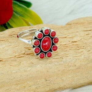 Natural Coral Rings 925 Sterling Silver Jewelry Handmade ring With Multi gemstones Wedding Ring, Adjustable Ring, Gift For Her