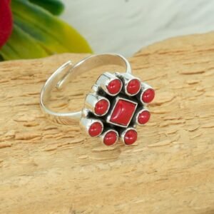 Natural Coral Rings 925 Sterling Silver Jewelry Handmade ring With Multi gemstones Wedding Ring, Adjustable Ring, Gift For Her R0364-GS