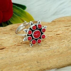 Natural Coral Rings 925 Sterling Silver Jewelry Handmade ring With Multi gemstones Wedding Ring, Adjustable Ring, Gift For Her
