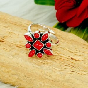 Natural Coral Rings 925 Sterling Silver Jewelry Handmade ring With Multi gemstones Wedding Ring, Adjustable Ring, Gift For Her R0365-GS